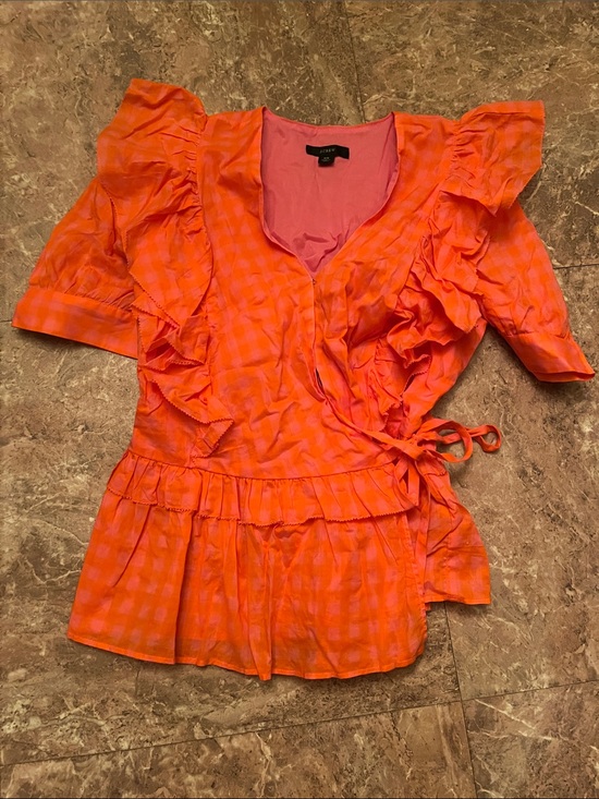 J. Crew Tops - J. Crew Bright Pink and Orange Ruffle Wrap Blouse